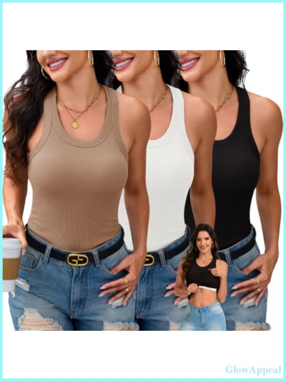 Ribbed Tank Tops Built-In Bra Racerback Scoop Neck Cotton Blend Yoga Gym